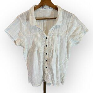 prAna Katya Eyelet Pleated Smocked Blouse Top in White Womens LG / Made in India